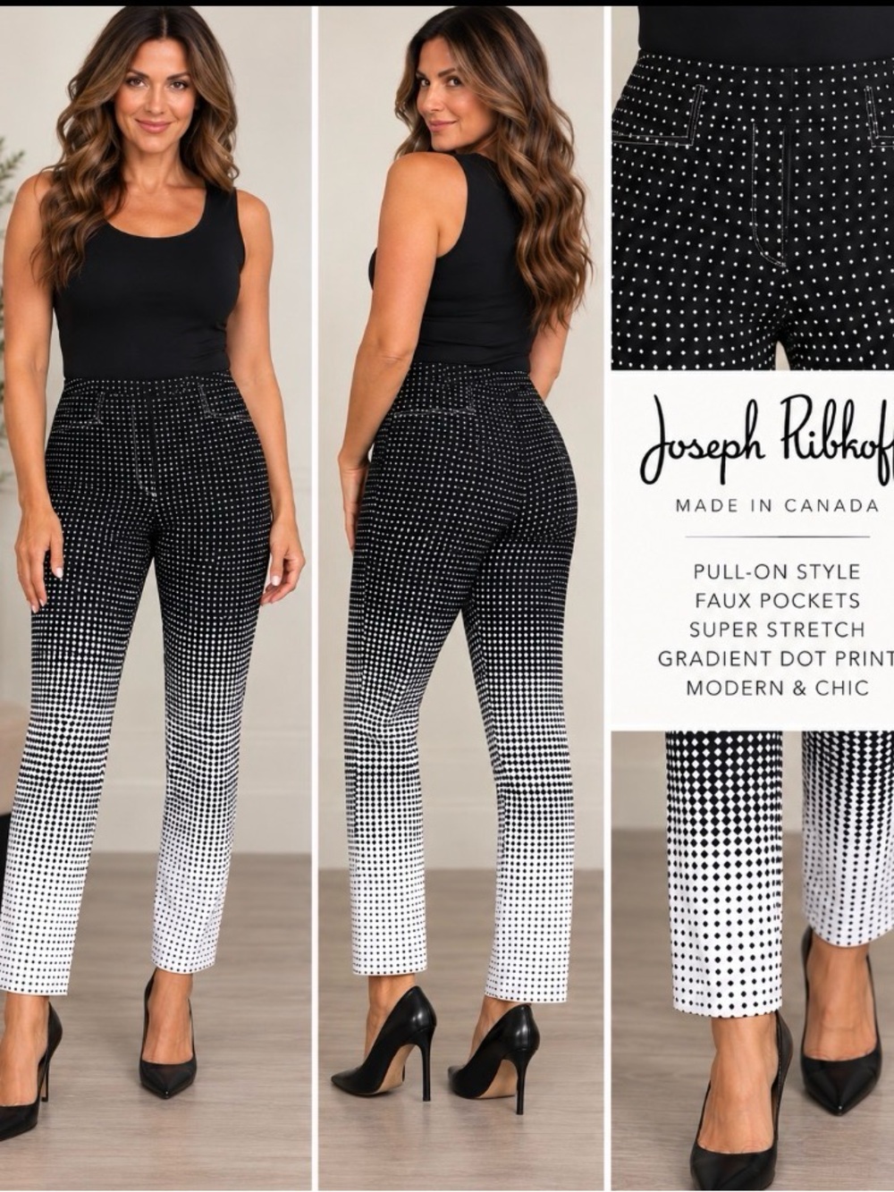 Joseph Ribkoff Black to White Gradient Dot Straight-Leg Pants